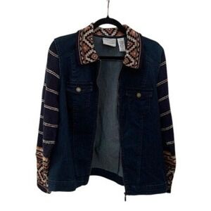 Alfred Dunner Women's Denim‎ Jacket BOHO Geometric Pattern Knit Sleeves Size 12